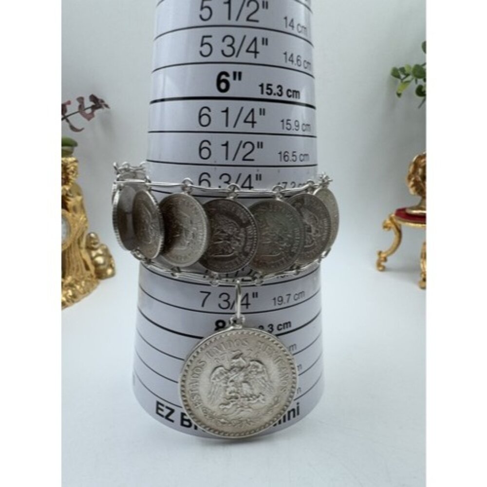 Vintage Mexican Coin Bracelet Solid Silver Unique Collectible Jewelry From 40s - Picture 12 of 16